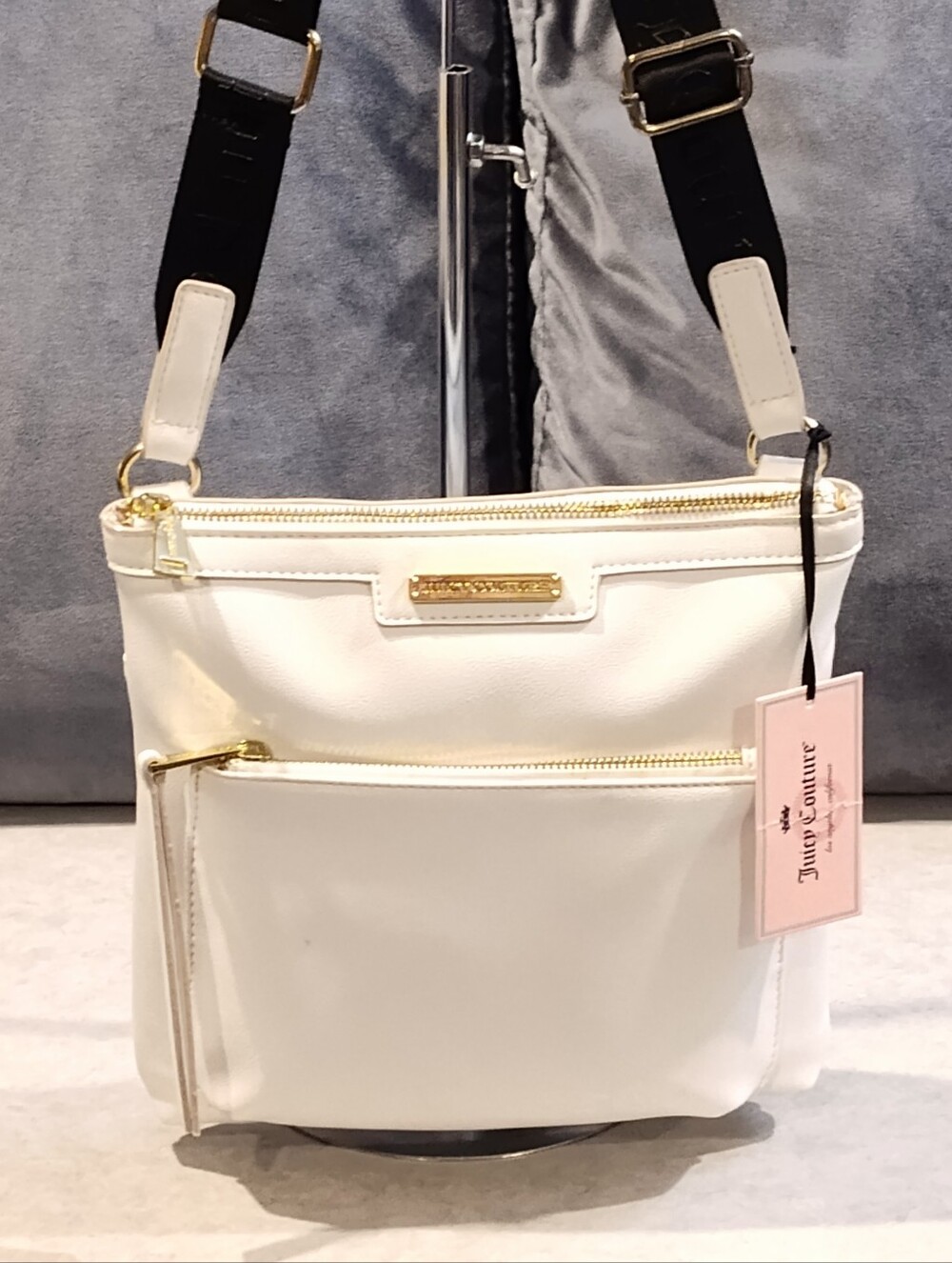 NWT VINTAGE JUICY COUTURE WHITE LEATHER CROSSBODY BAG W/ EMBOSSED BLACK STRAP